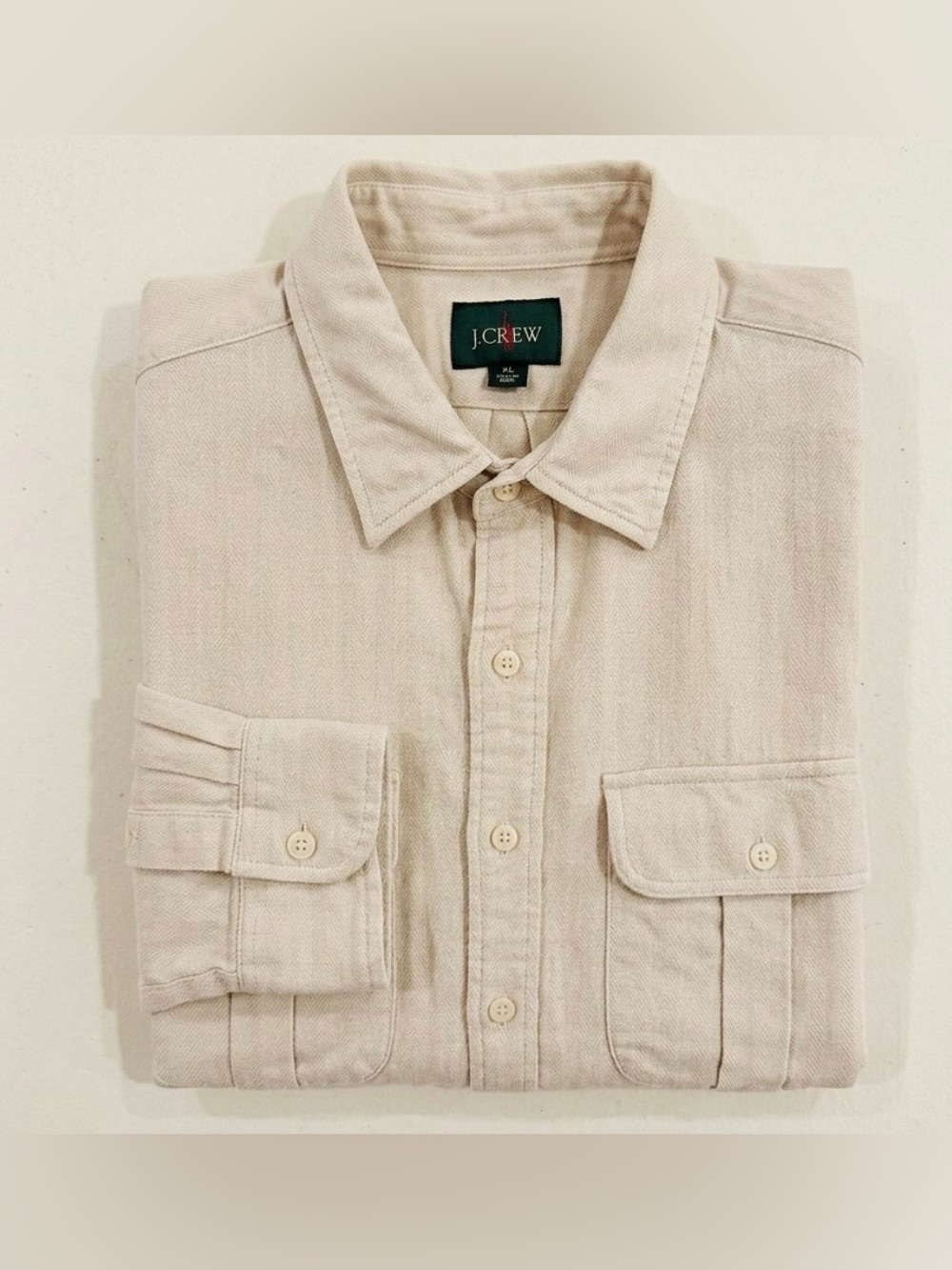 J.Crew Mens Herringbone Workshirt XL Beige Lyocell Linen Blend Safari Utility